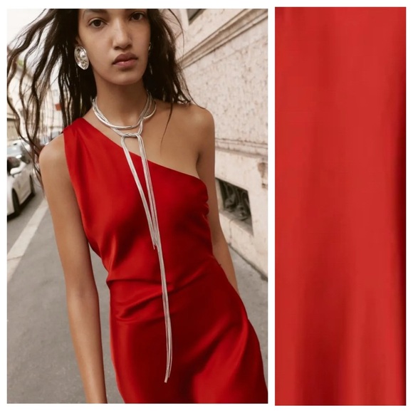 NWT. Zara Red Satin Effect Asymmetric Midi Dress. Size M. - Picture 3 of 13